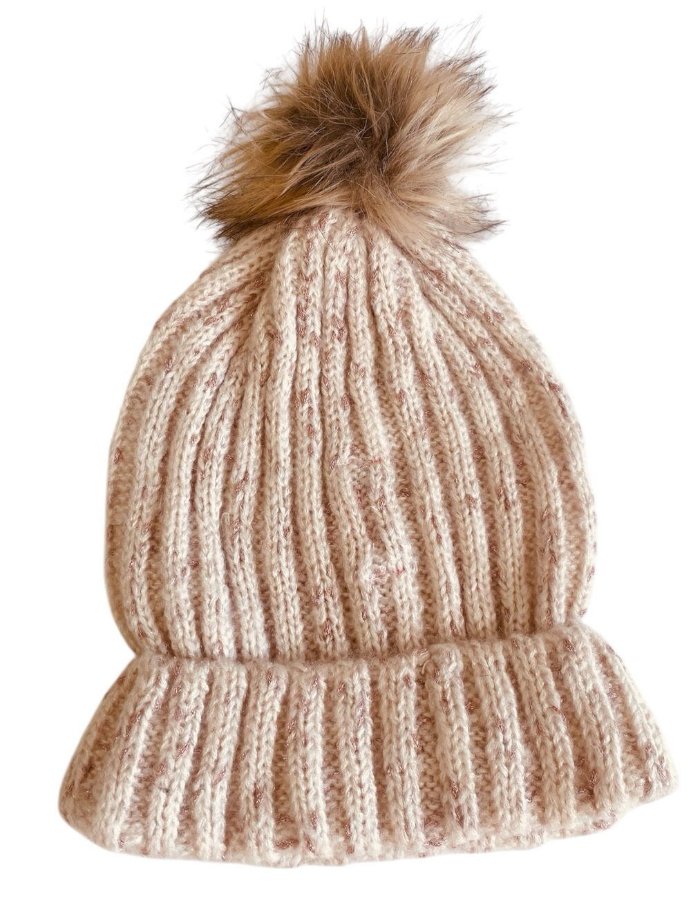 Betsey Johnson Cream/Pink Metallic Chucky Beanie W/ Faux Fur Pom OS